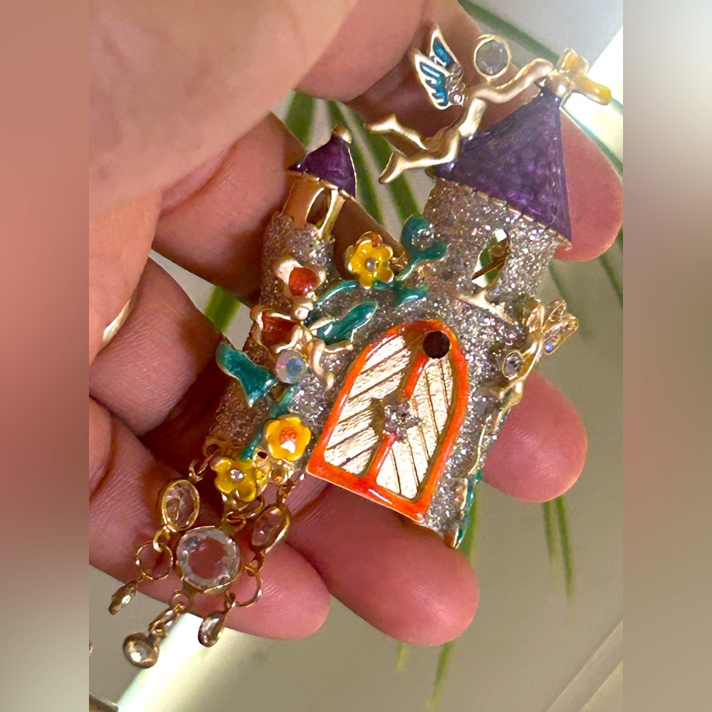 Whimsical Castle broch Necklace in Purple, Orange & Gold
